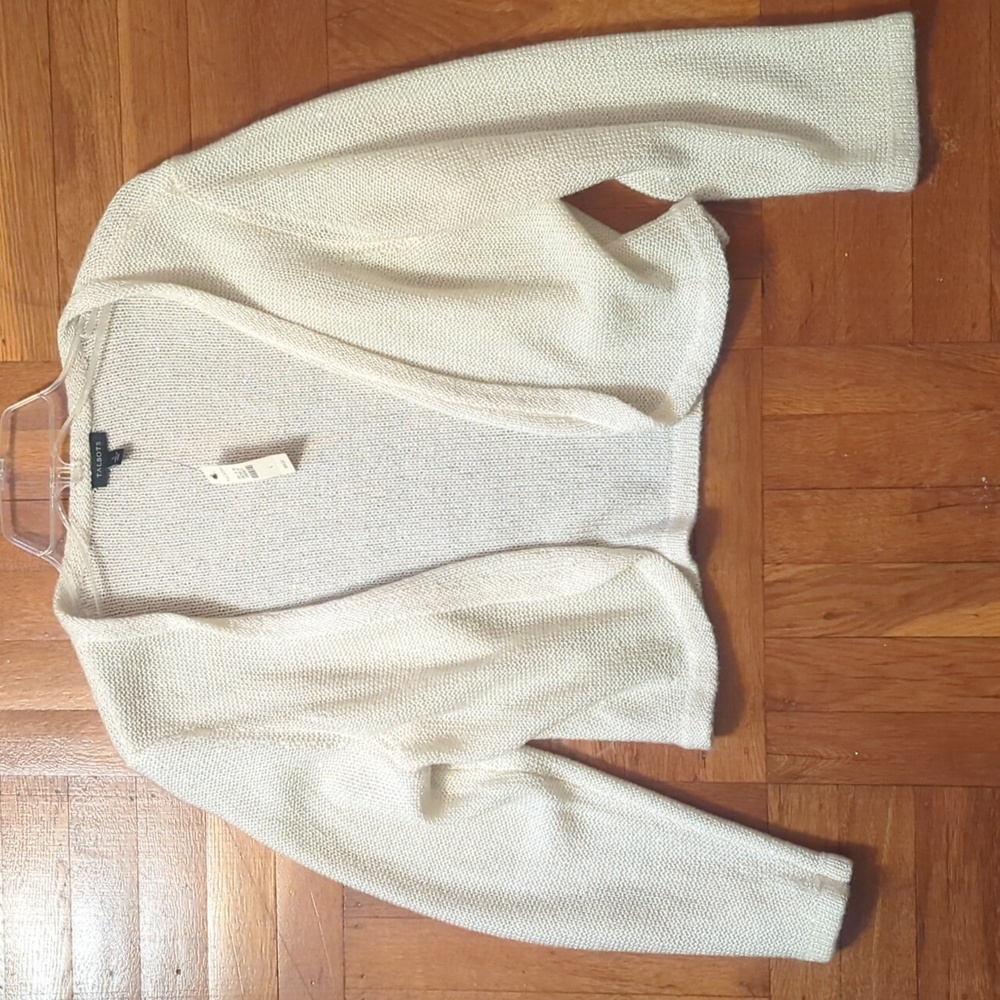 NWT off white with small clear sequin open front knit Talbots Cropped Cardigan L
